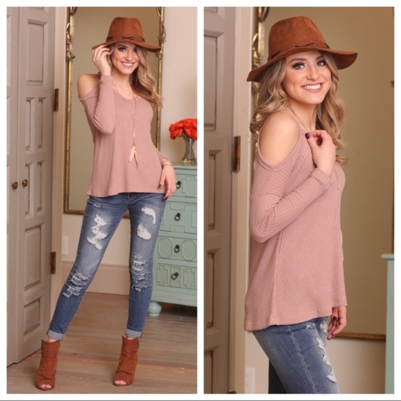 LAST ONE! Rose Taupe Waffle Knit Cold Shoulder Top - Picture 2 of 4